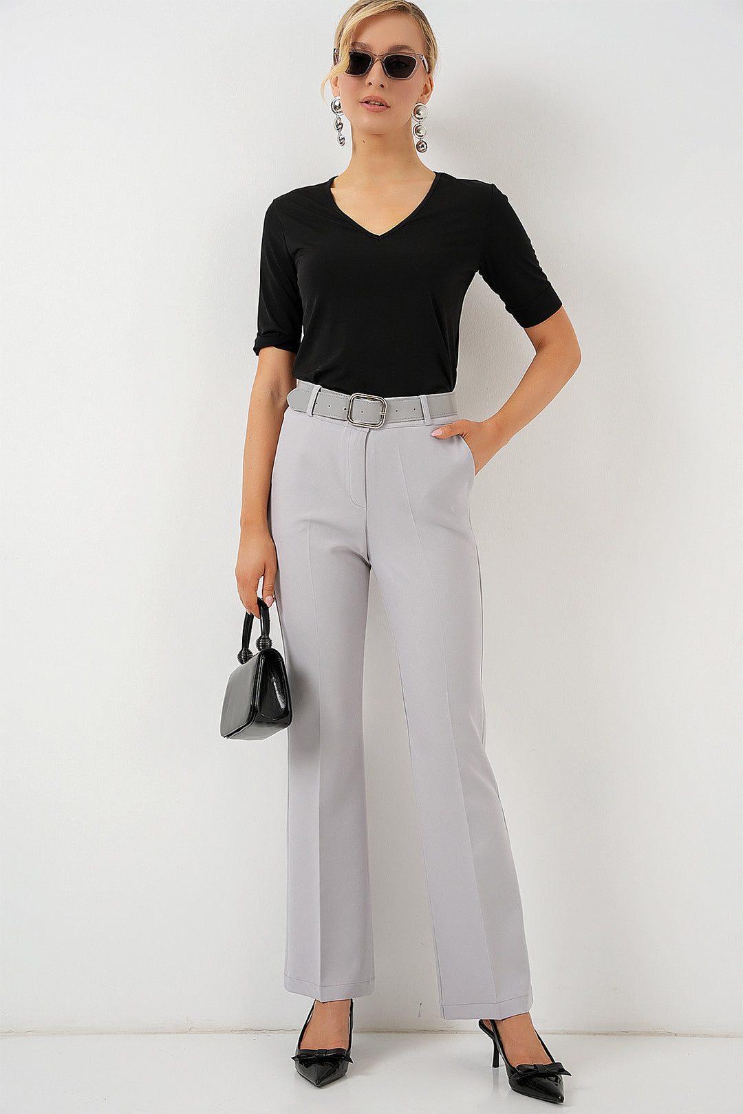 BGD Women Belted Spanish Flare Pants - Gray - Chalco