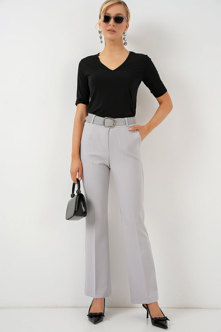 BGD Women Belted Spanish Flare Pants - Gray - Chalco
