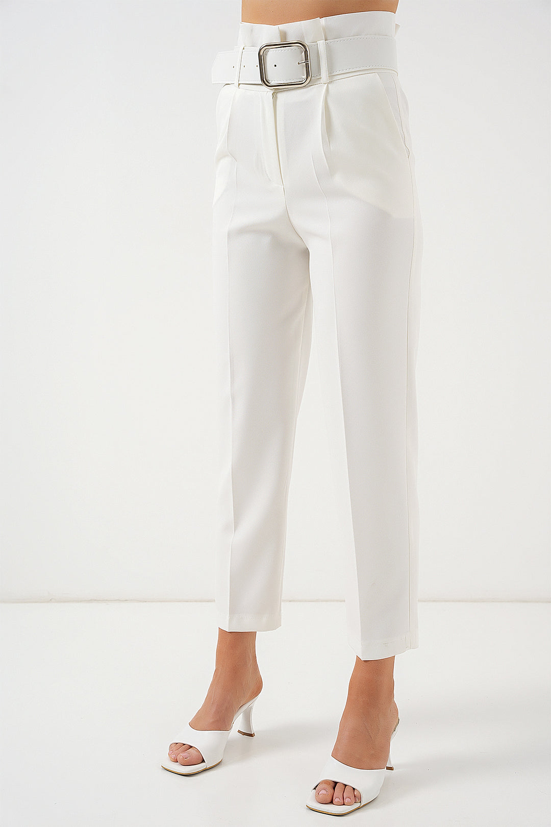 BGD Women Belted Fabric Pants - Ecru - Topeka