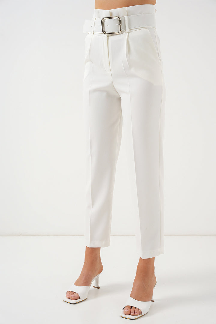 BGD Women Belted Fabric Pants - Ecru - Topeka