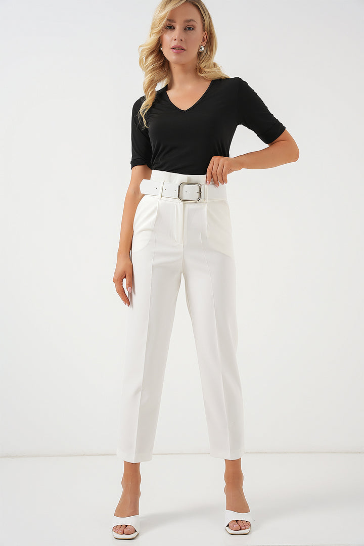 BGD Women Belted Fabric Pants - Ecru - Topeka