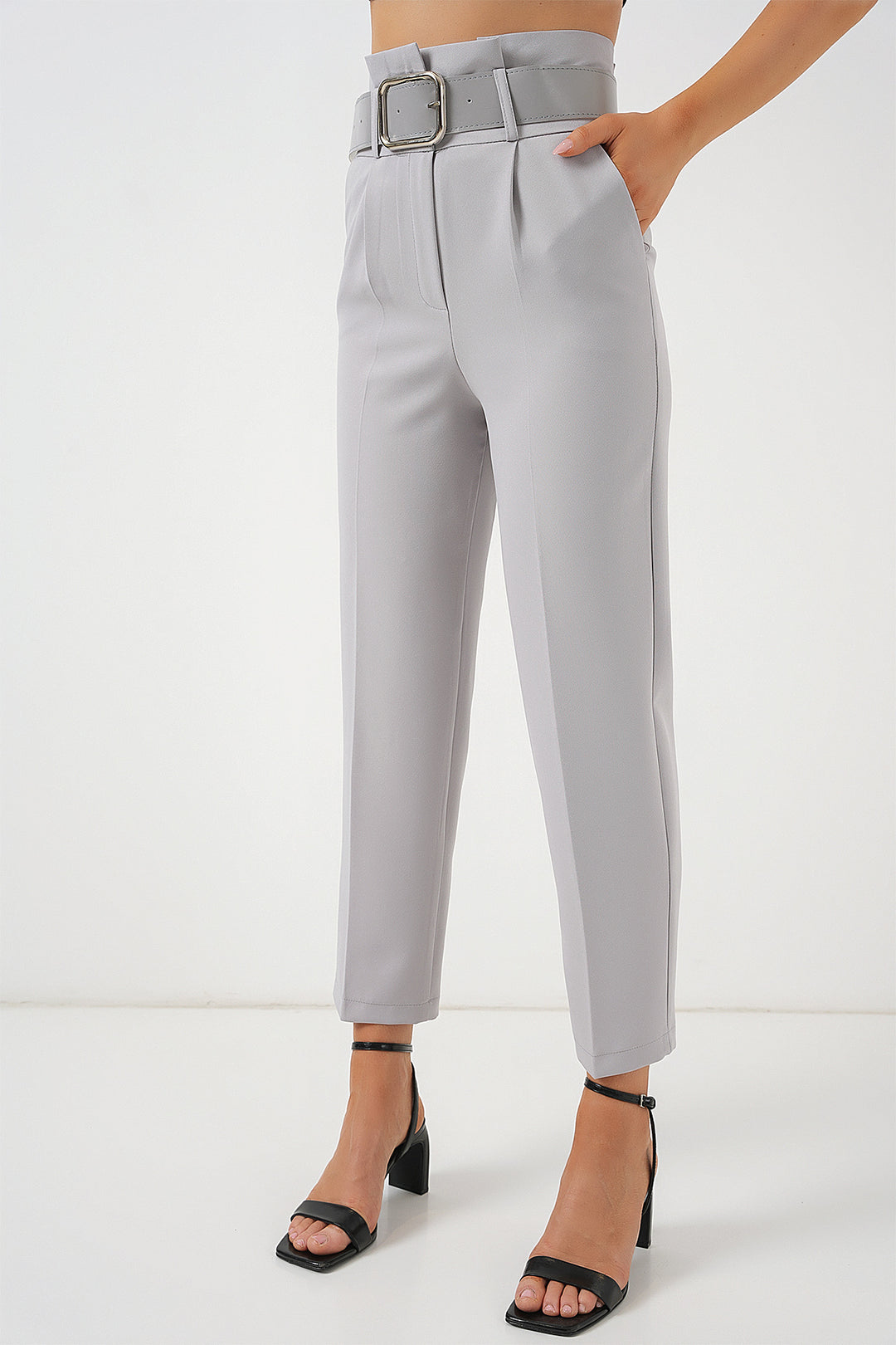 BGD Women Belted Fabric Pants - Gray - State College