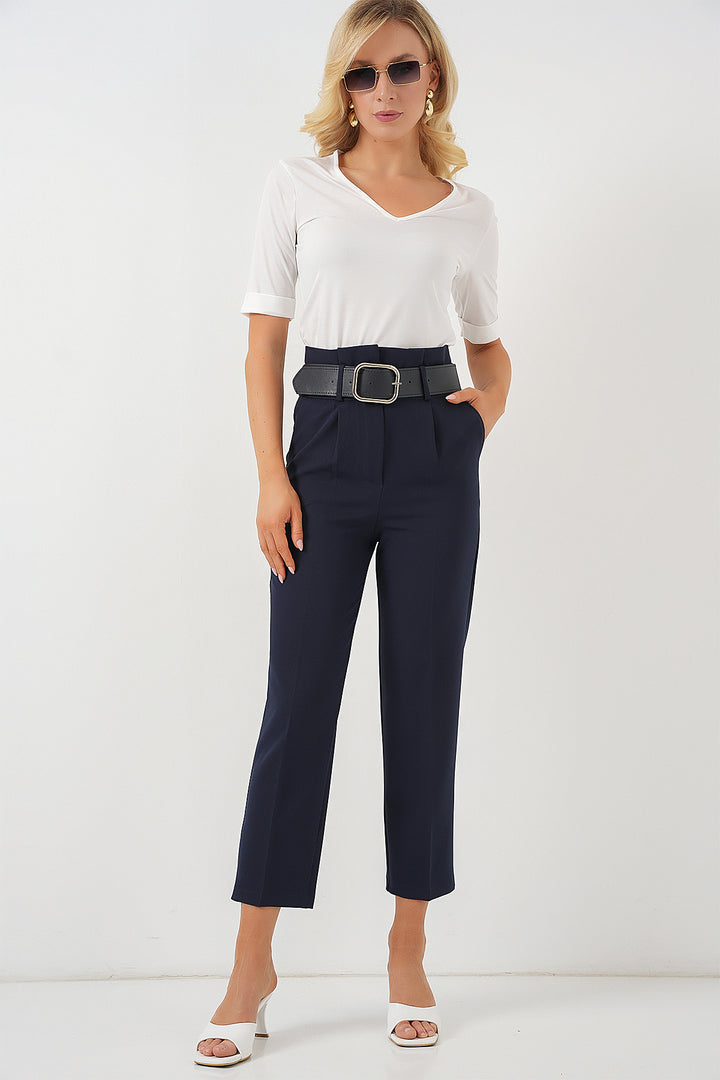 BGD Women Belted Fabric Pants - Navy - Târgovişte