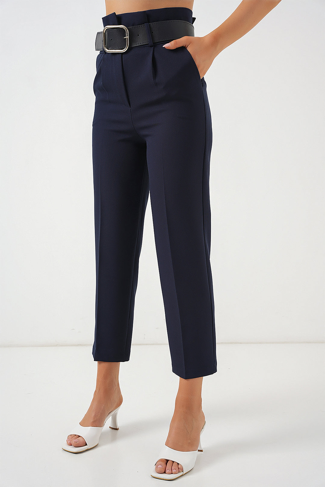 BGD Women Belted Fabric Pants - Navy - Târgovişte