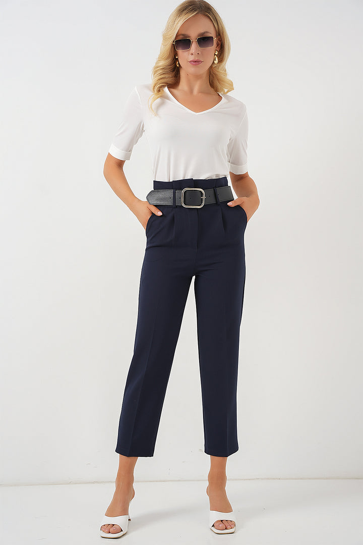 BGD Women Belted Fabric Pants - Navy - Târgovişte