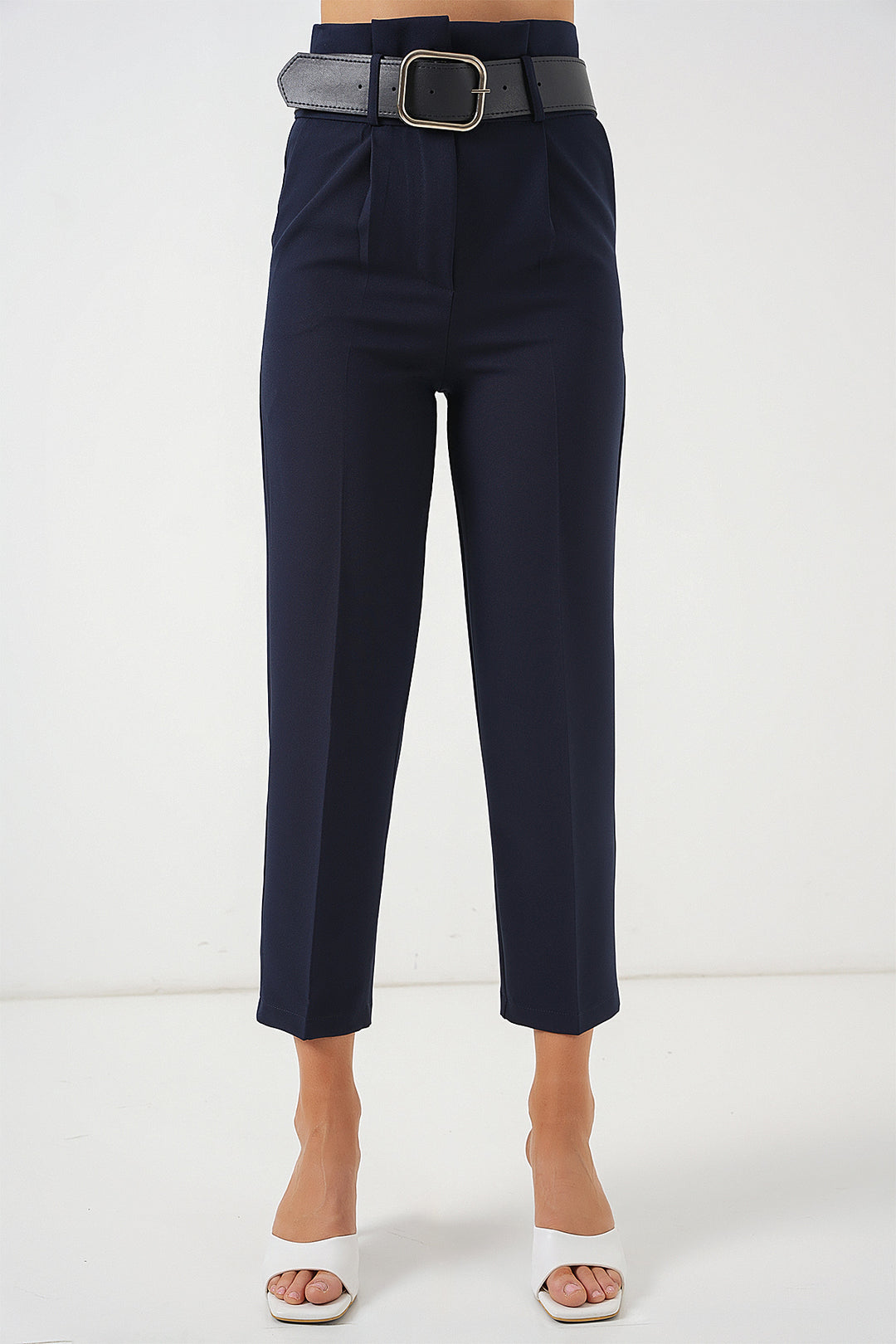 BGD Women Belted Fabric Pants - Navy - Târgovişte