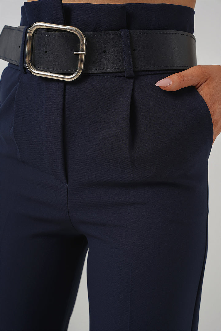 BGD Women Belted Fabric Pants - Navy - Târgovişte