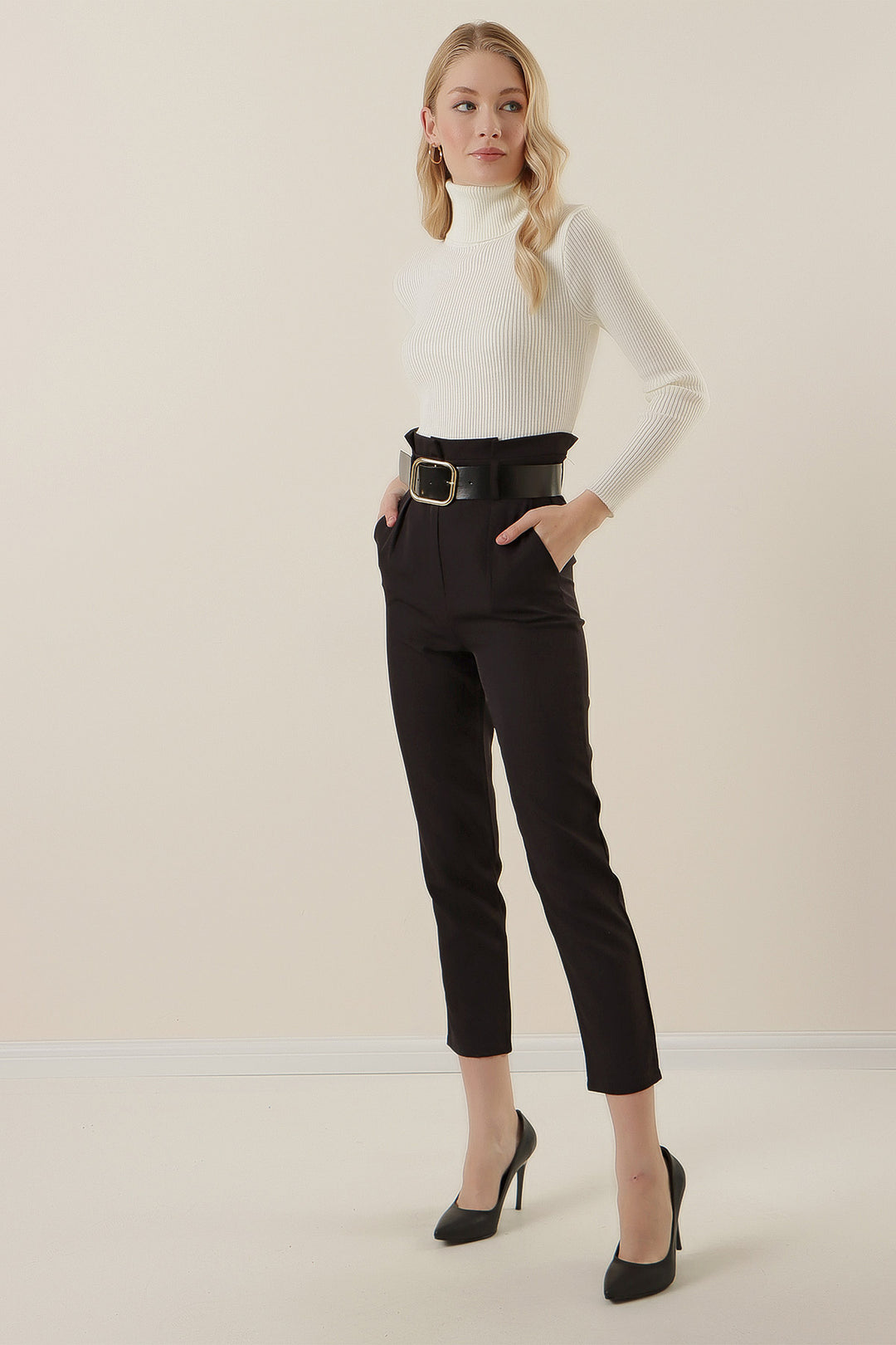 BGD Women Belted Fabric Pants - Black - Dearborn Heights