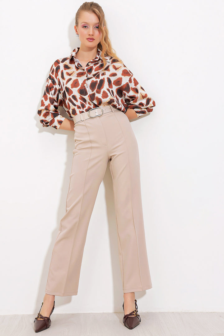 BGD Women Woman Beige High Waisted Fabric Trousers 6584 - Bochum