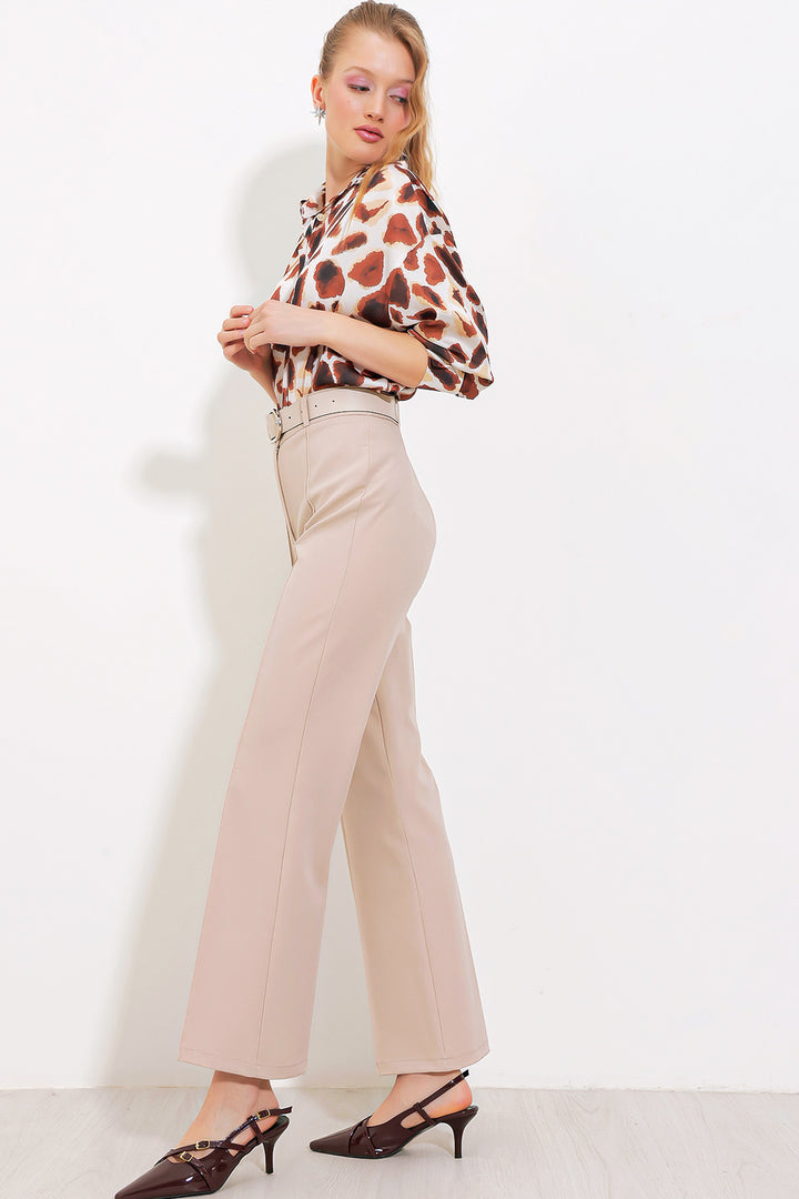 BGD Women Woman Beige High Waisted Fabric Trousers 6584 - Bochum