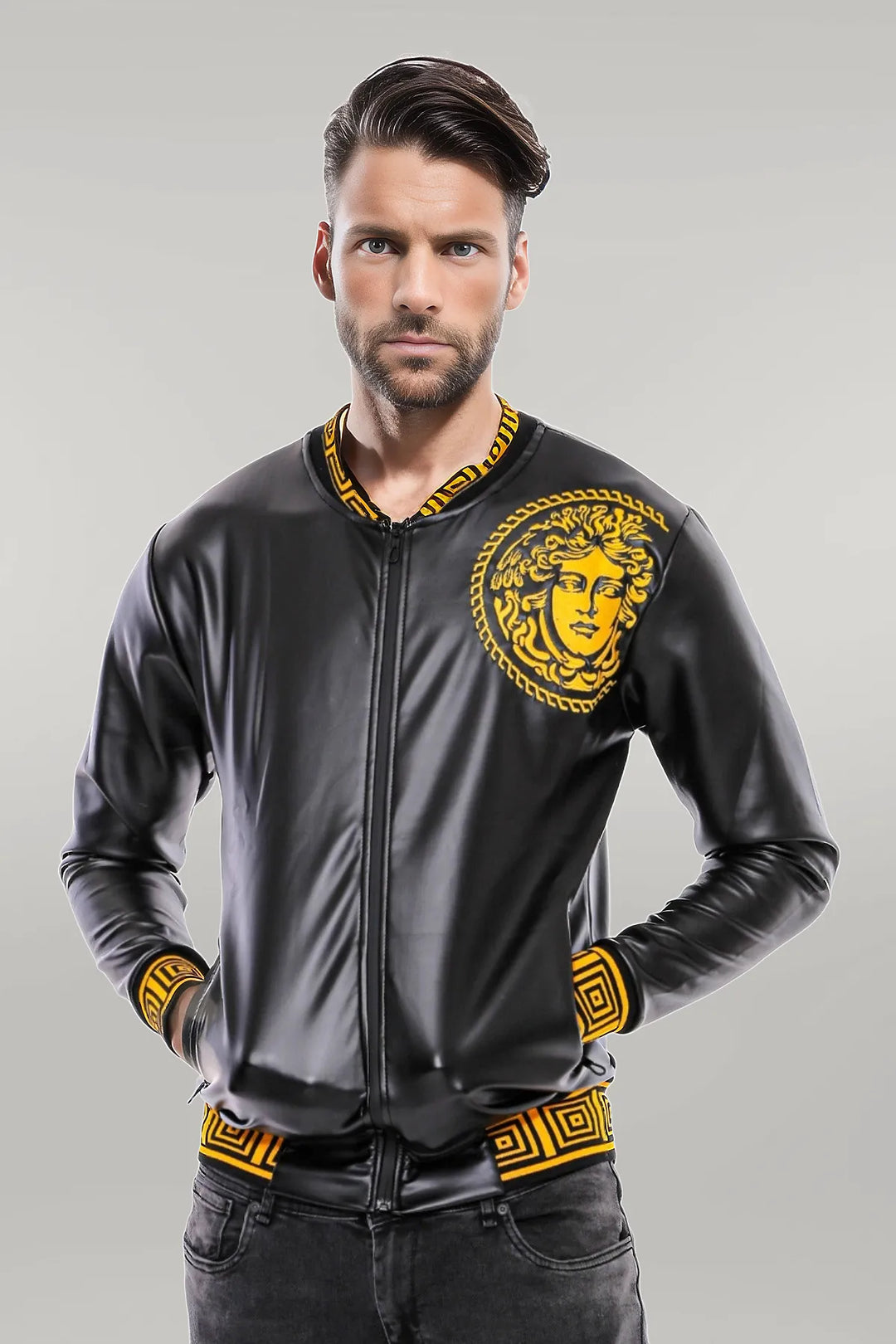 WSS Black Leather Touch Printed Seasonal Coat  - Singen