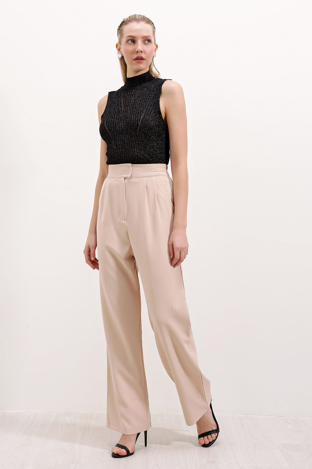 BGD Women Woman Beige High Waisted Fabric Trousers 6612 - Oberhausen