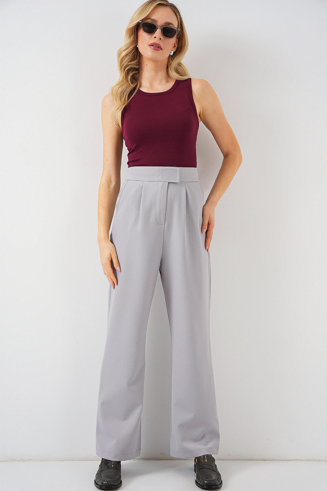 BGD Women High Waist Fabric Pants - Gray - Bergheim