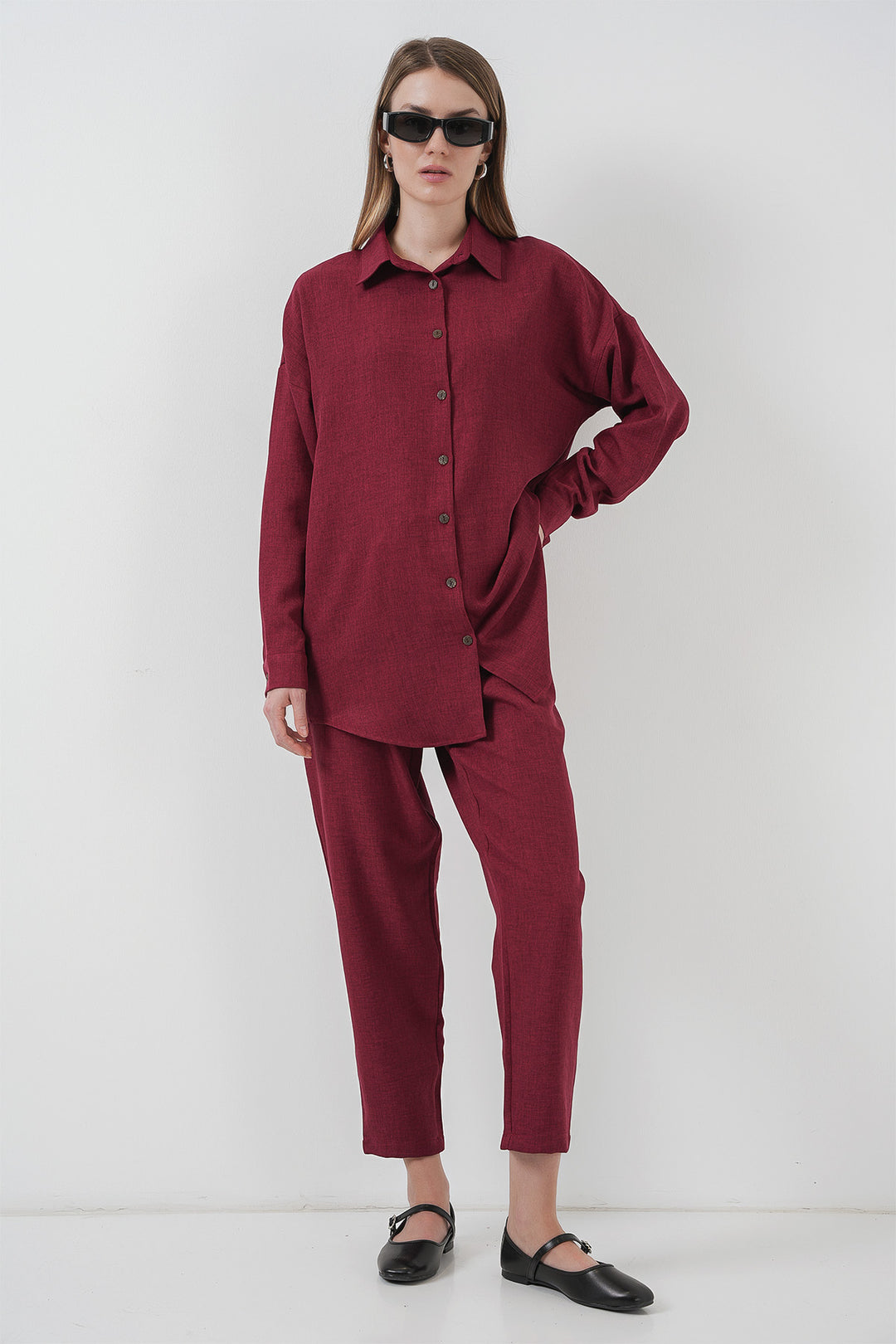 BGD Women Linen Two-Piece Set - Burgundy - Sayula