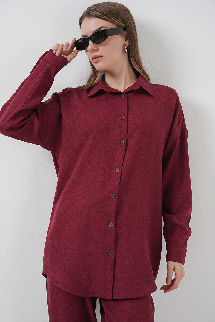 BGD Women Linen Two-Piece Set - Burgundy - Sayula