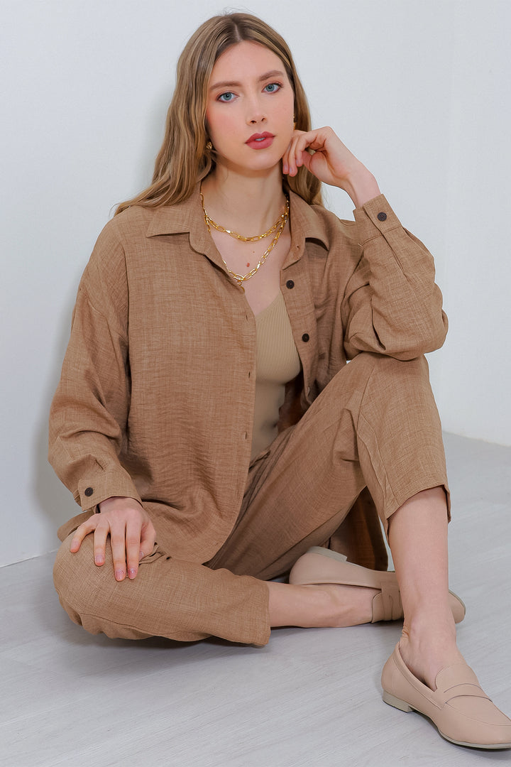 BGD Women Woman Camel Oversize Linen Top and Bottom Set 6622 - Pescara