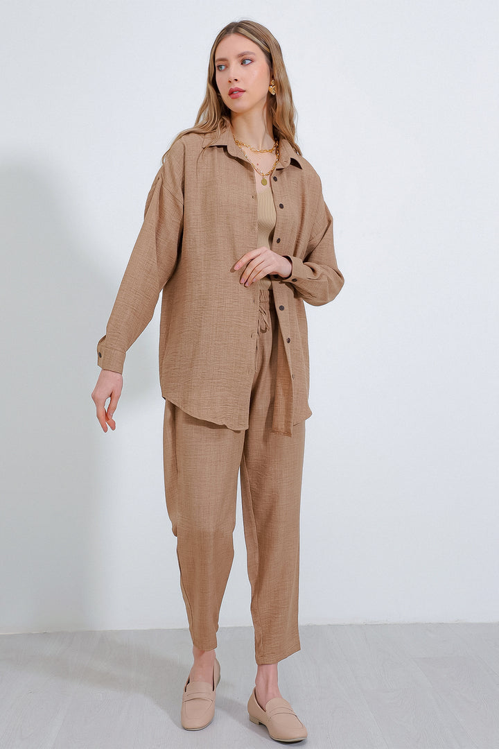 BGD Women Woman Camel Oversize Linen Top and Bottom Set 6622 - Pescara