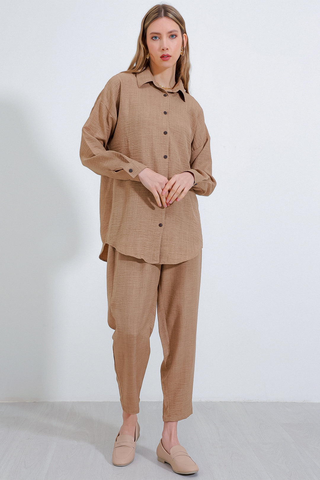 BGD Women Woman Camel Oversize Linen Top and Bottom Set 6622 - Pescara