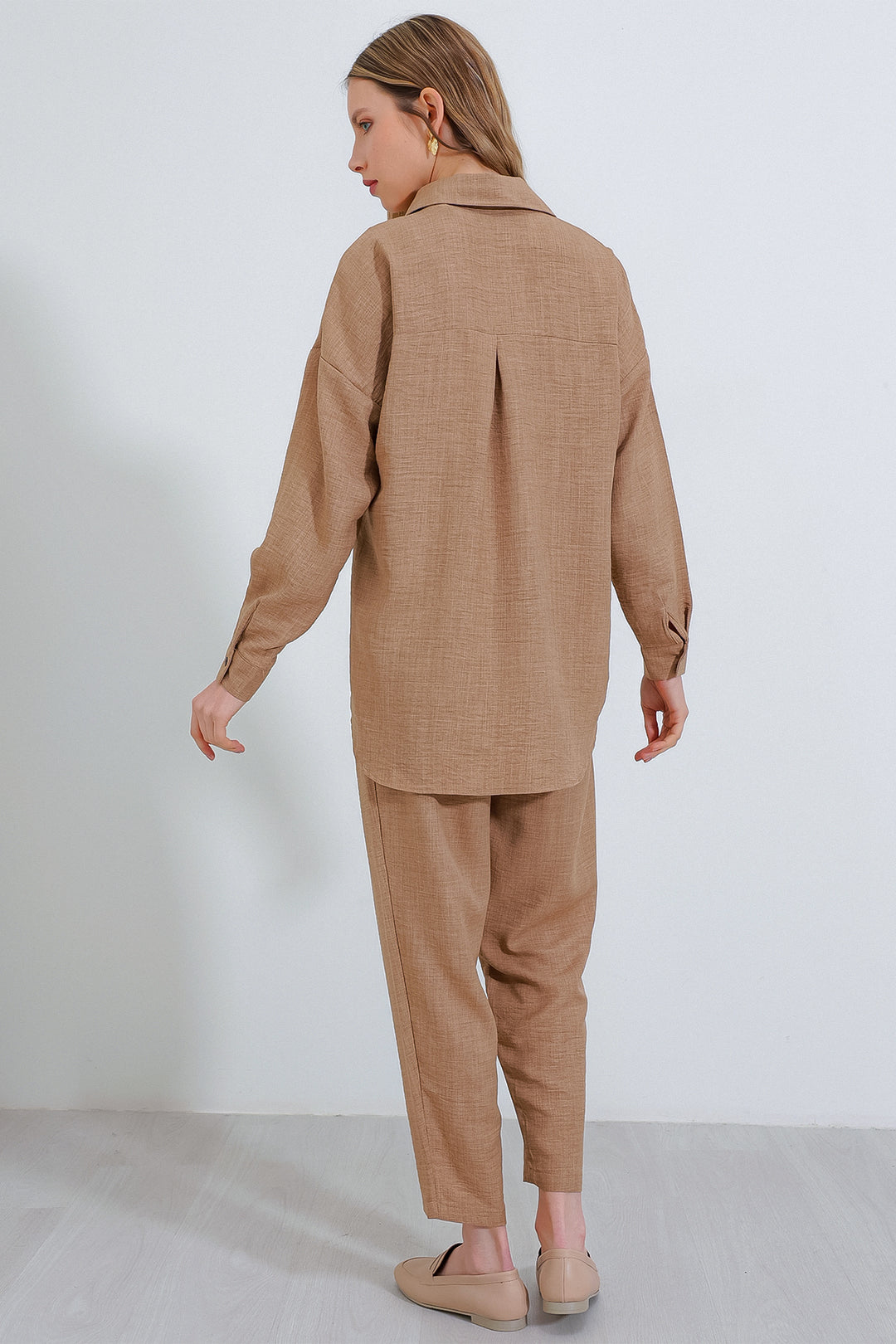 BGD Women Woman Camel Oversize Linen Top and Bottom Set 6622 - Pescara