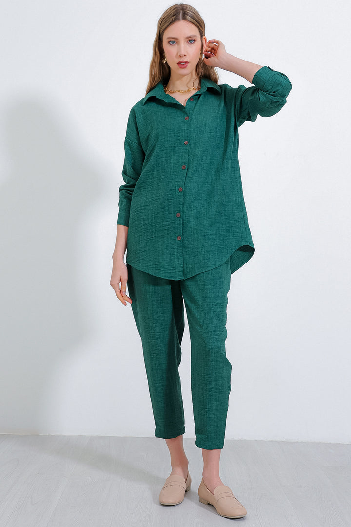 BGD Women Woman Emerald Green Oversize Linen Top and Bottom Set 6622 - Lincoln Park