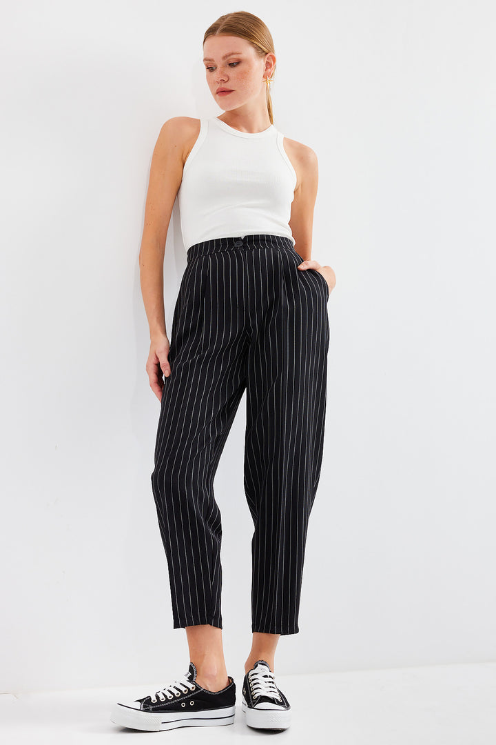 BGD Women High Waist Striped Fabric Pants - Black - Avondale