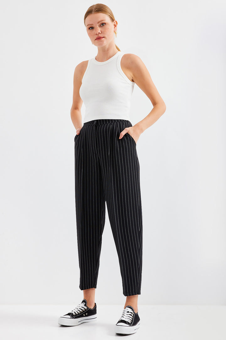BGD Women High Waist Striped Fabric Pants - Black - Avondale