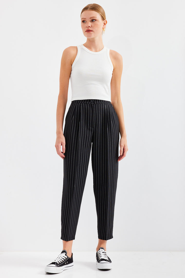 BGD Women High Waist Striped Fabric Pants - Black - Avondale