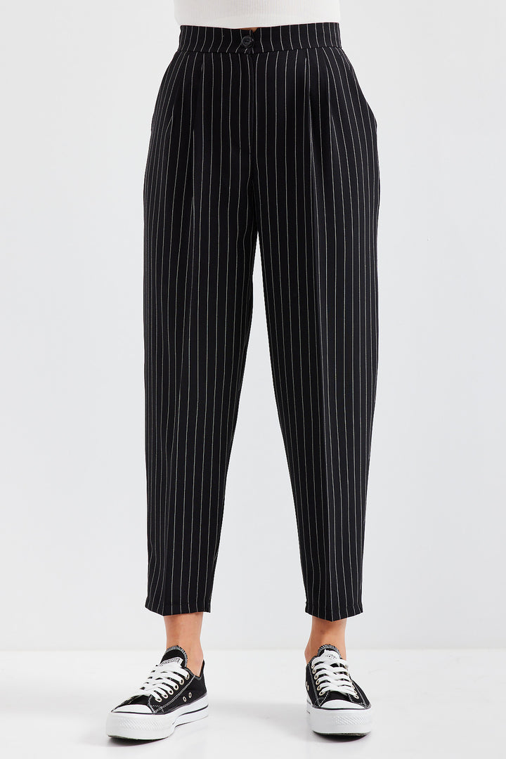 BGD Women High Waist Striped Fabric Pants - Black - Avondale