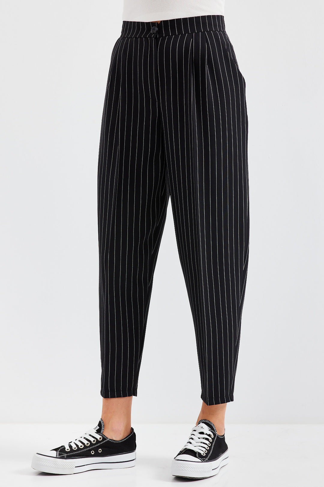 BGD Women High Waist Striped Fabric Pants - Black - Avondale
