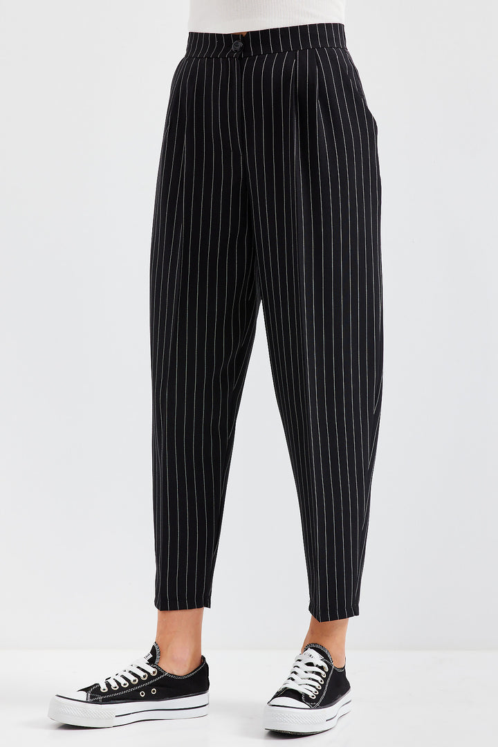 BGD Women High Waist Striped Fabric Pants - Black - Avondale