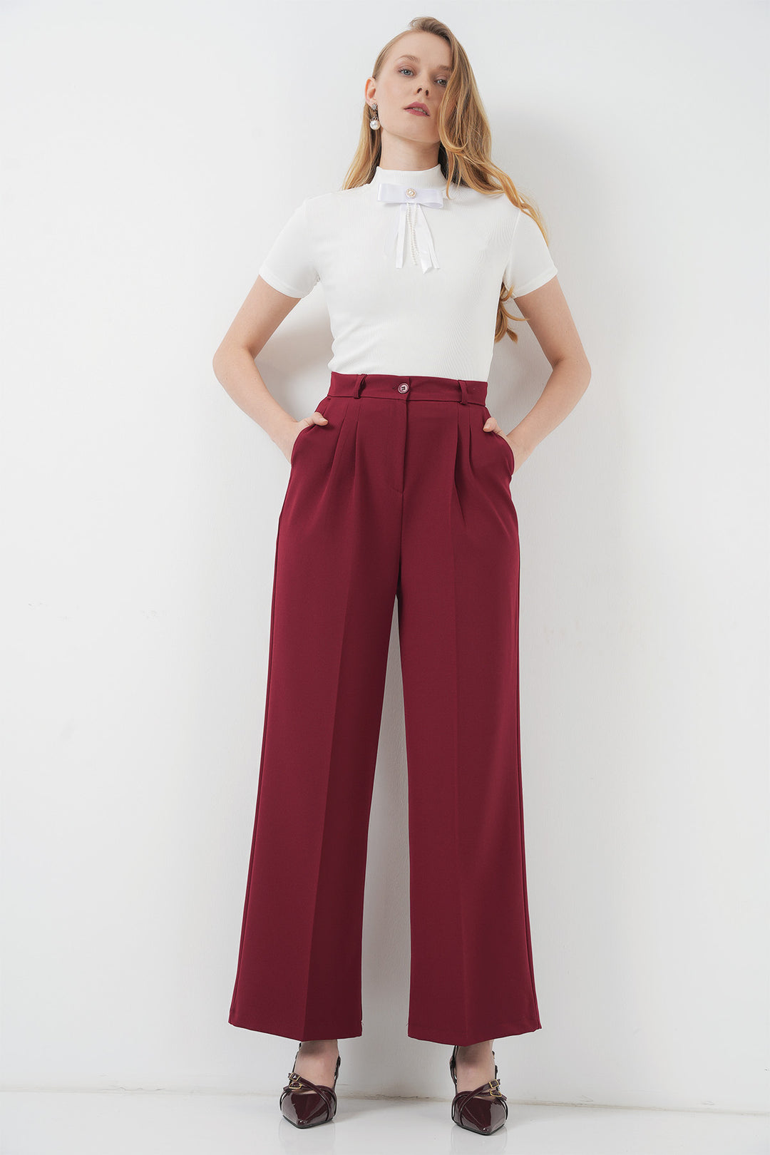 BGD Women Wide Leg Fabric Pants - Burgundy - Coatzacoalcos