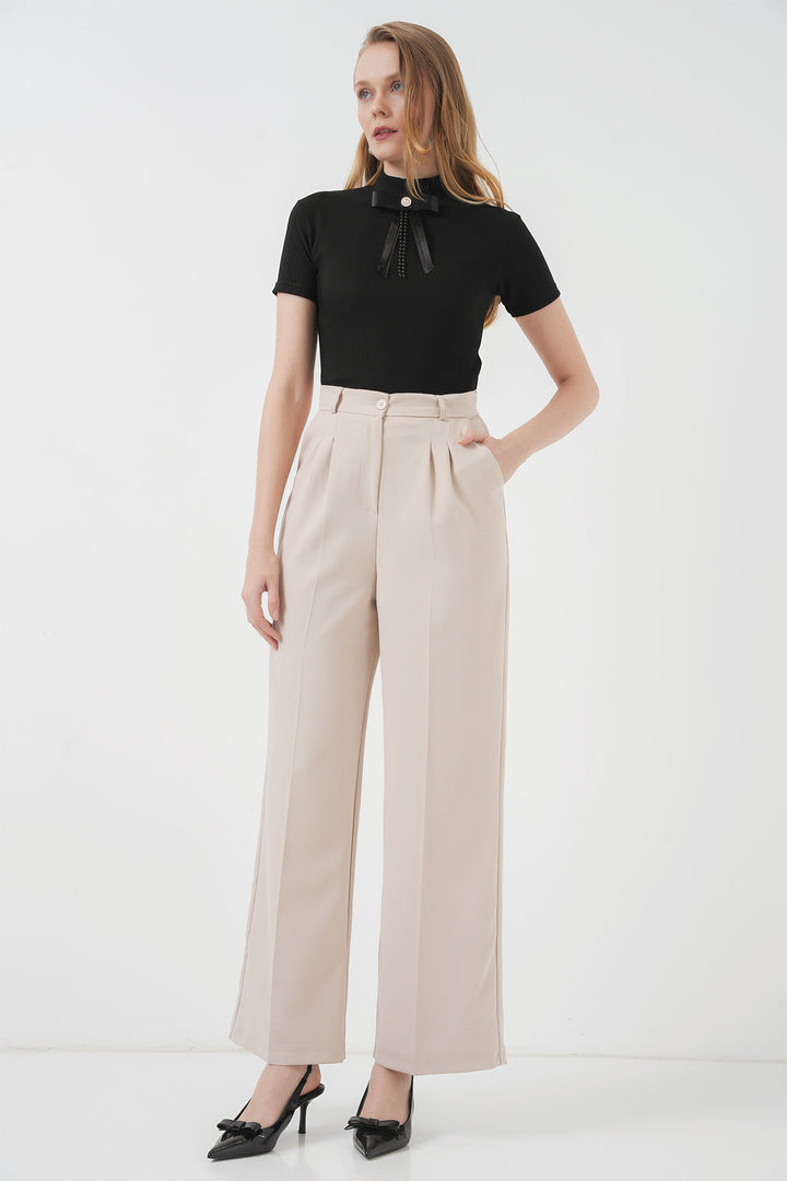 BGD Women Wide Leg Fabric Pants - Cream - Lochau