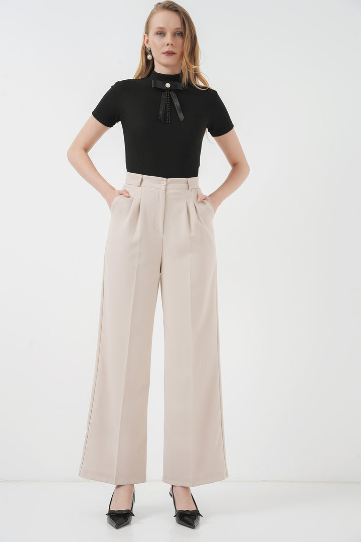 BGD Women Wide Leg Fabric Pants - Cream - Lochau