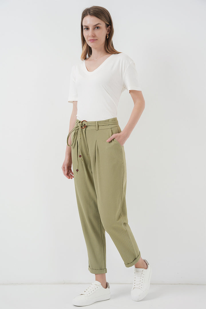 BGD Women Belted Linen Pants - Khaki - Lakewood
