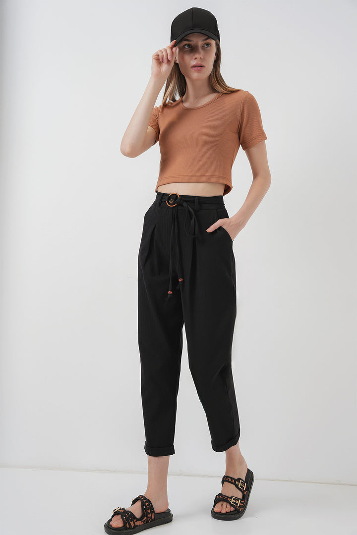 BGD Women Belted Linen Trousers - Black - Ansbach