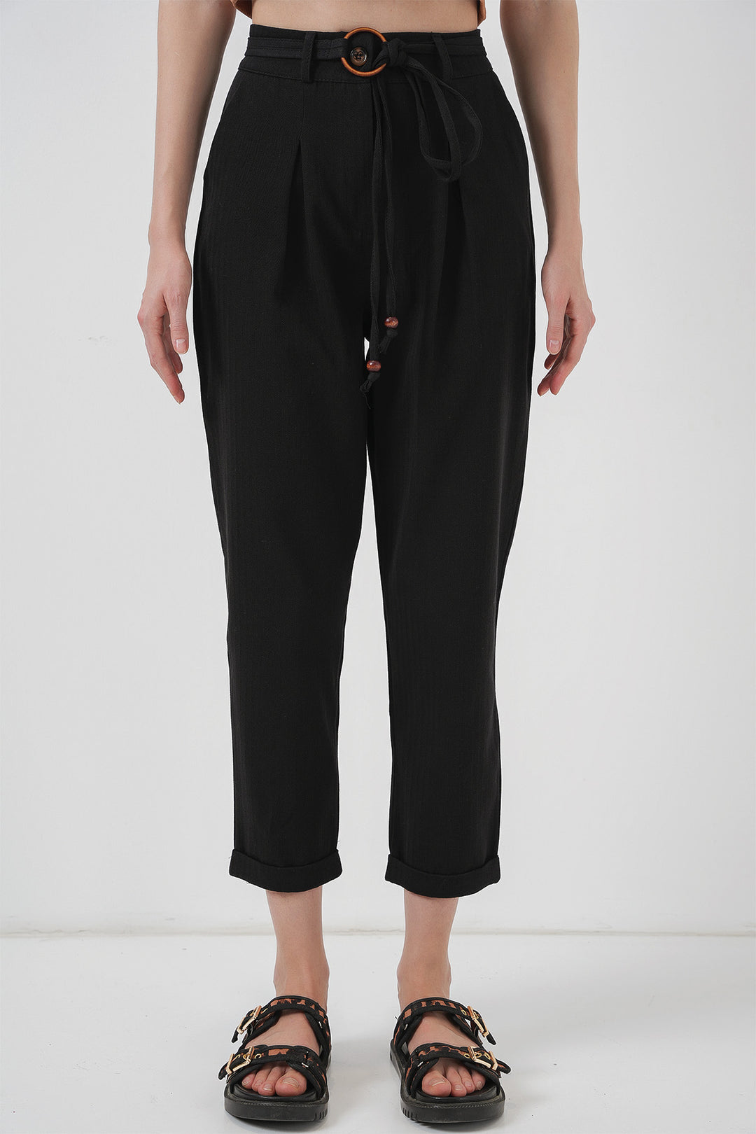 BGD Women Belted Linen Trousers - Black - Ansbach