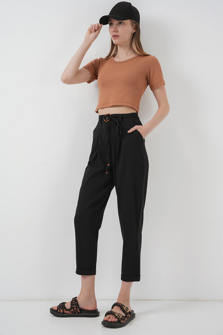 BGD Women Belted Linen Trousers - Black - Ansbach