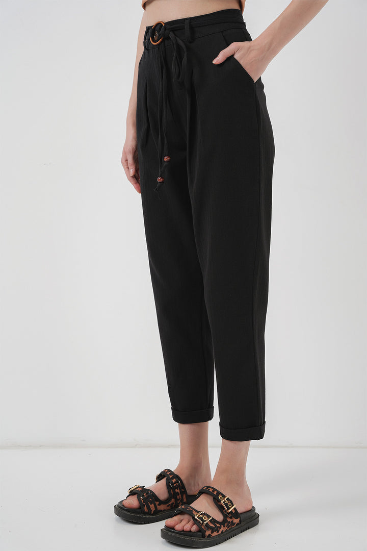 BGD Women Belted Linen Trousers - Black - Ansbach