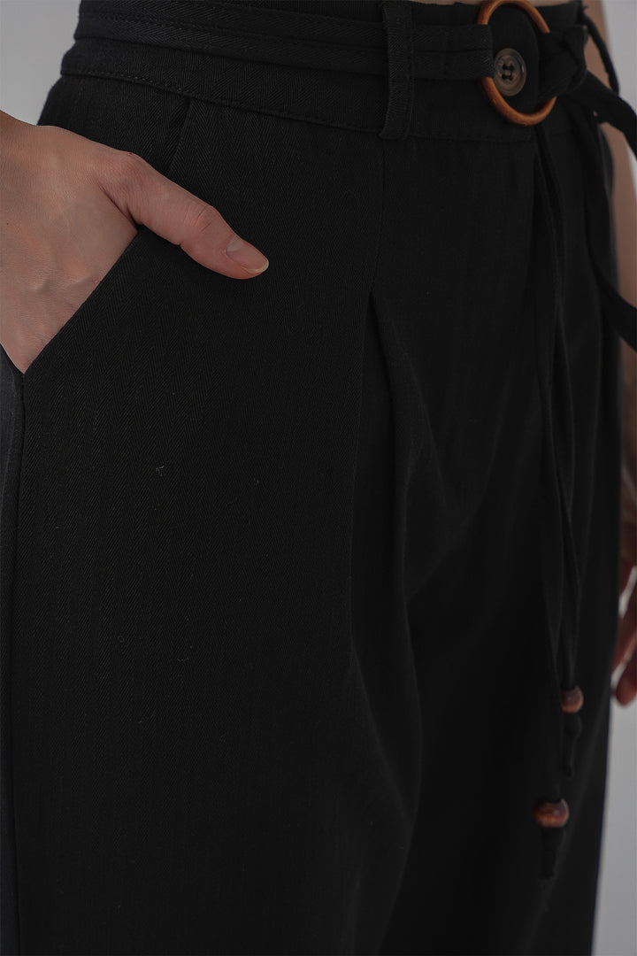 BGD Women Belted Linen Trousers - Black - Ansbach
