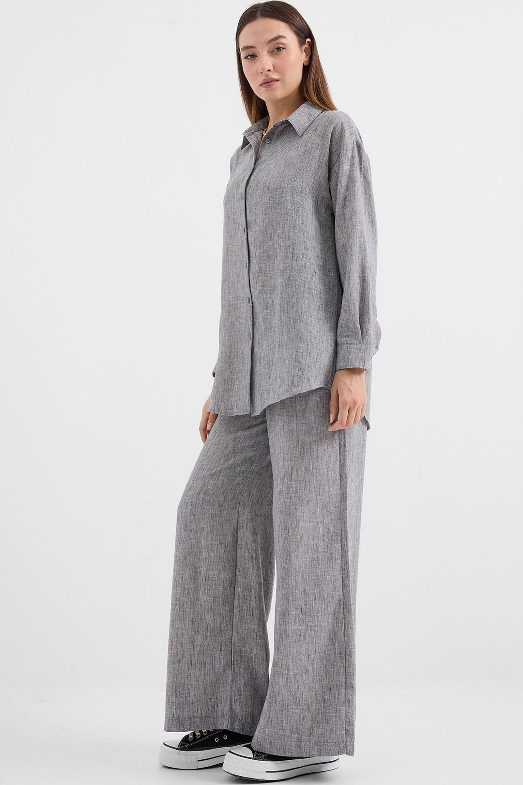 BGD Women Oversized Linen Two-Piece Set - Grey - Port Macquarie