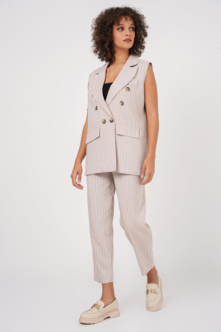 BGD Women Double-Breasted Vest Pants Suit - Beige - Buffalo Grove