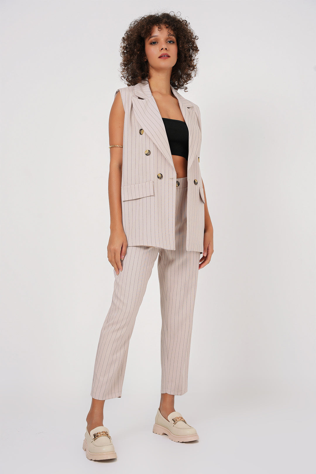 BGD Women Double-Breasted Vest Pants Suit - Beige - Buffalo Grove