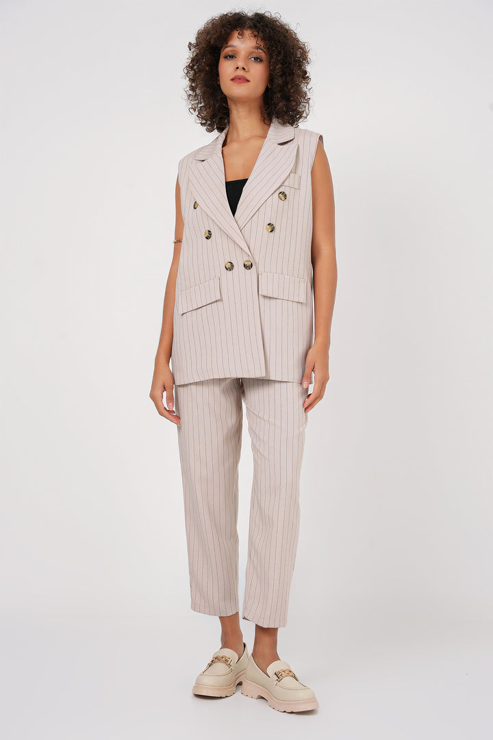 BGD Women Double-Breasted Vest Pants Suit - Beige - Buffalo Grove