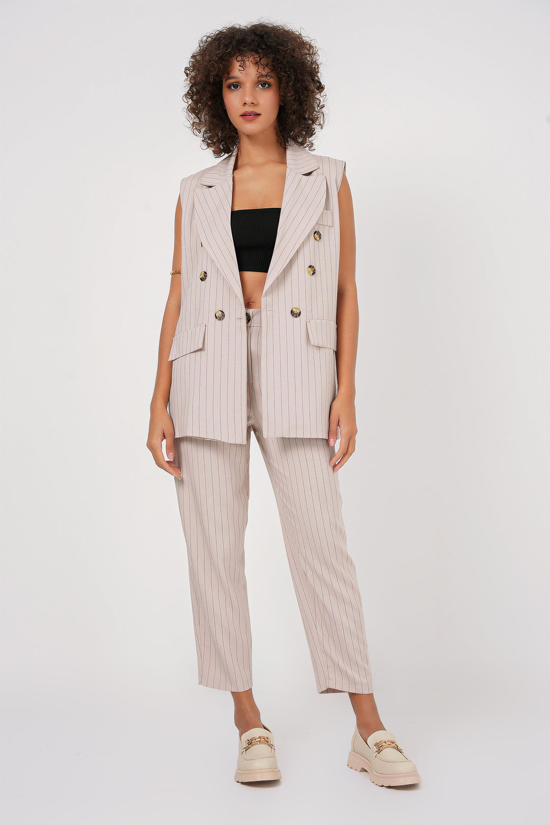 BGD Women Double-Breasted Vest Pants Suit - Beige - Buffalo Grove
