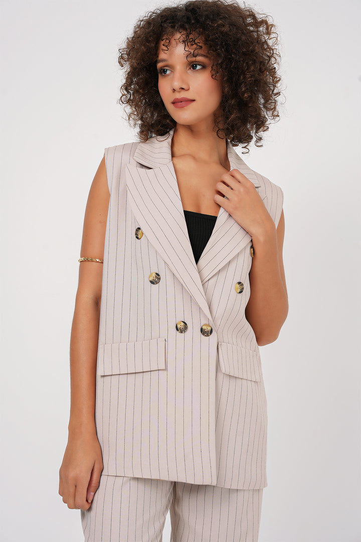 BGD Women Double-Breasted Vest Pants Suit - Beige - Buffalo Grove