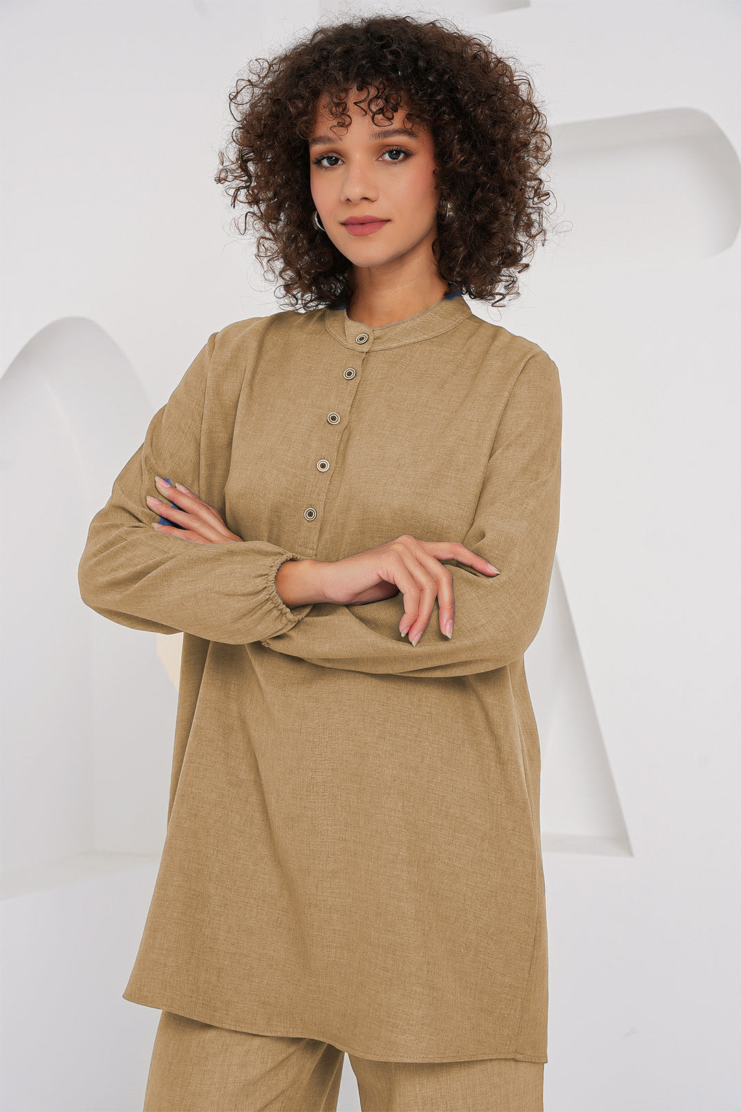 BGD Women Linen Tunic Pants Set - Biscuit - York