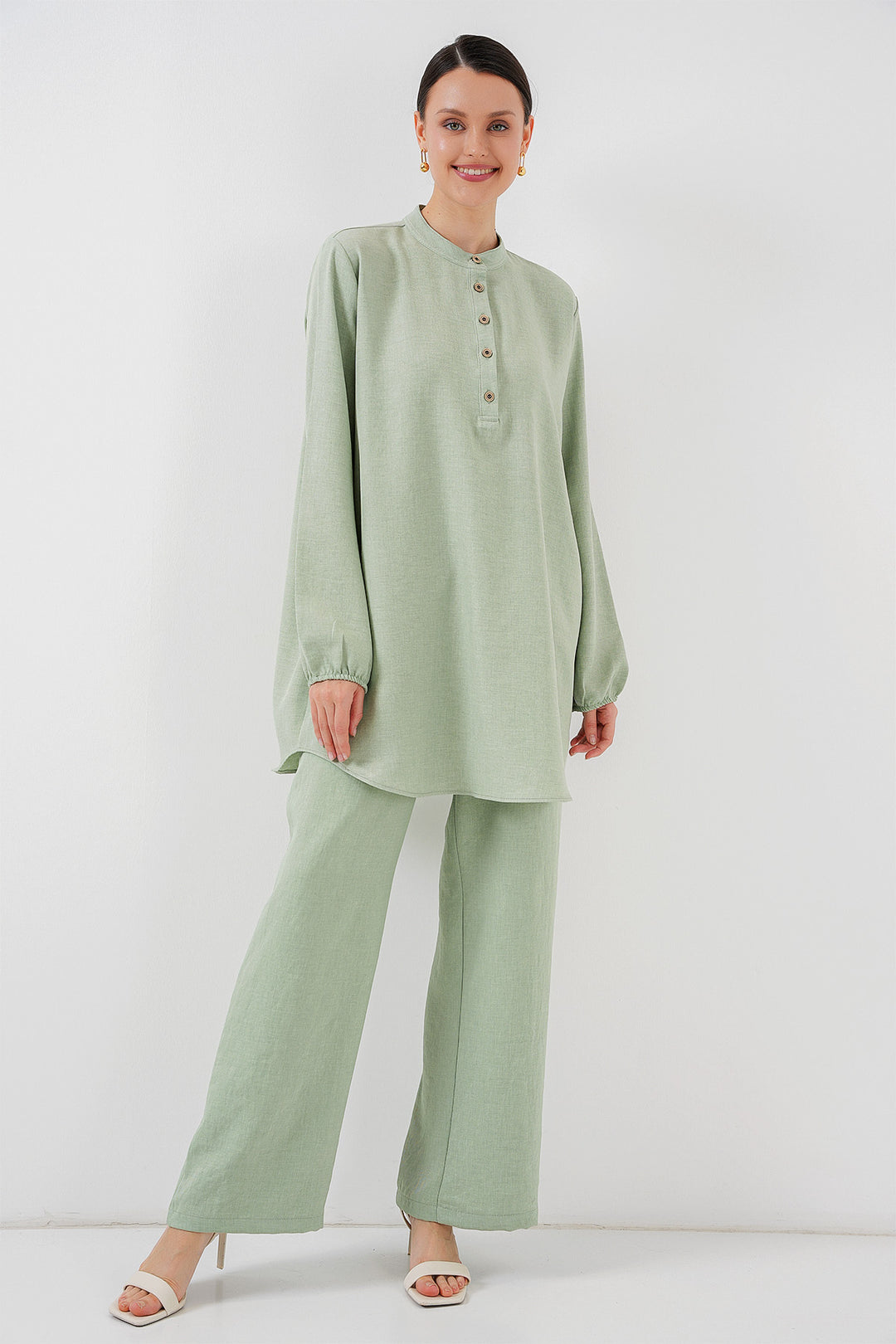 BGD Women Linen Tunic Pants Set - Olive Green - Eugene