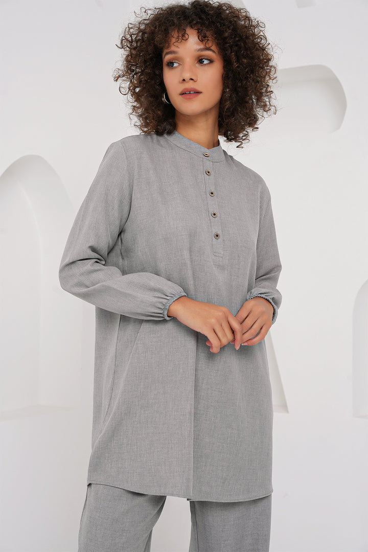 BGD Women Linen Tunic Pants Set - Gray - Don Benito