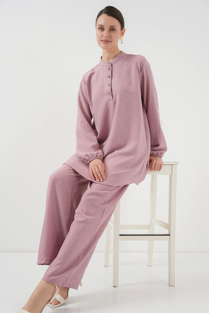 BGD Women Linen Tunic Pants Set - Rose Pink - Elmhurst