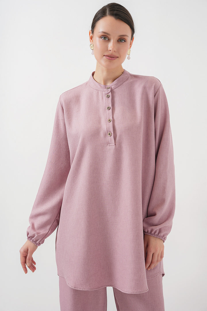 BGD Women Linen Tunic Pants Set - Rose Pink - Elmhurst